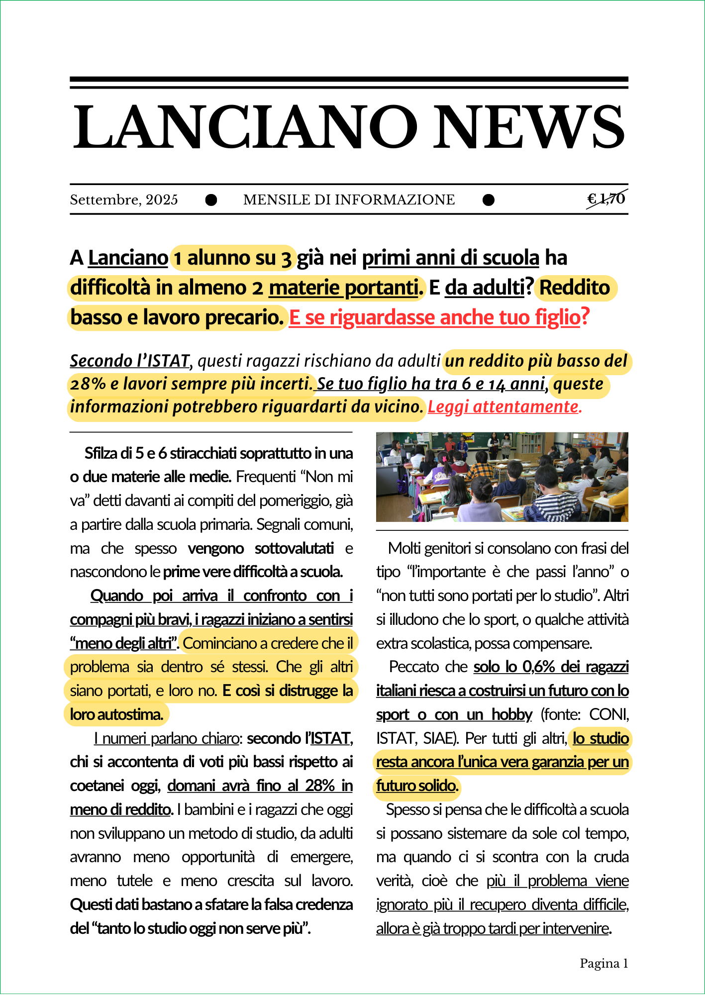 Prima pagina dell’articolo di Lanciano News dedicato a Doposcuola Genius