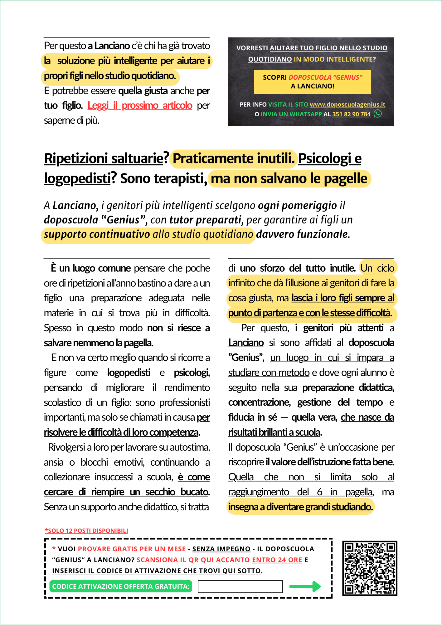 Seconda pagina dell’articolo di Lanciano News dedicato a Doposcuola Genius
